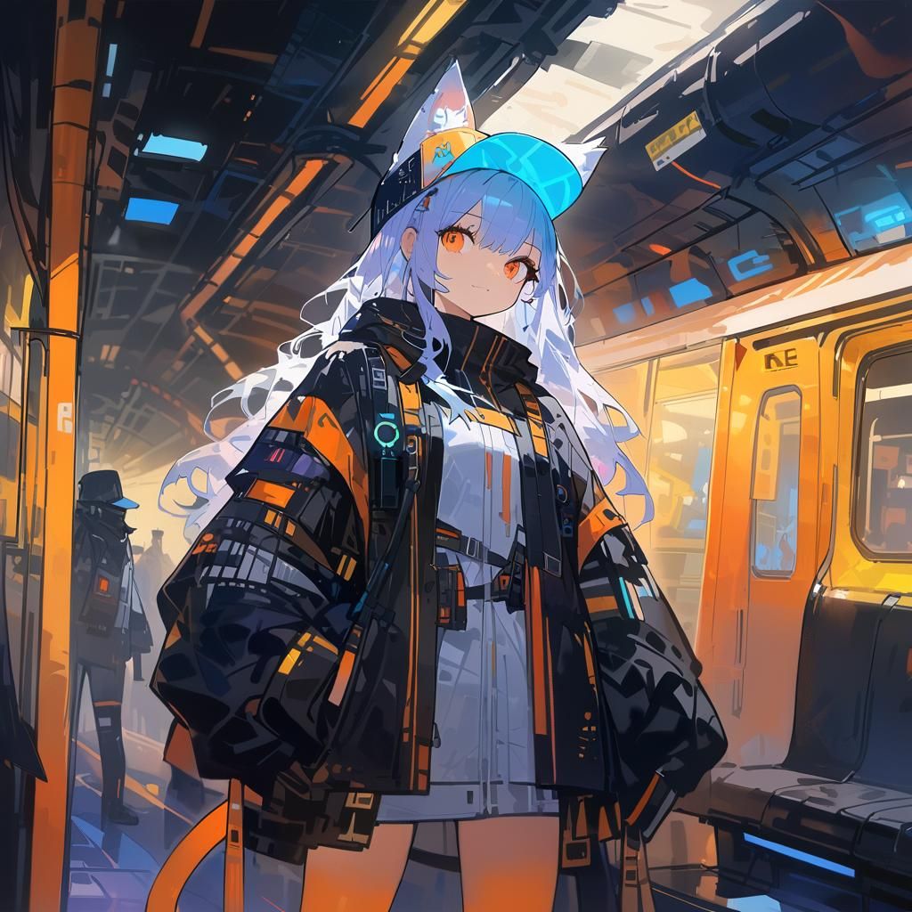 Cyberpunk Railfan Girl in Watercolour Style