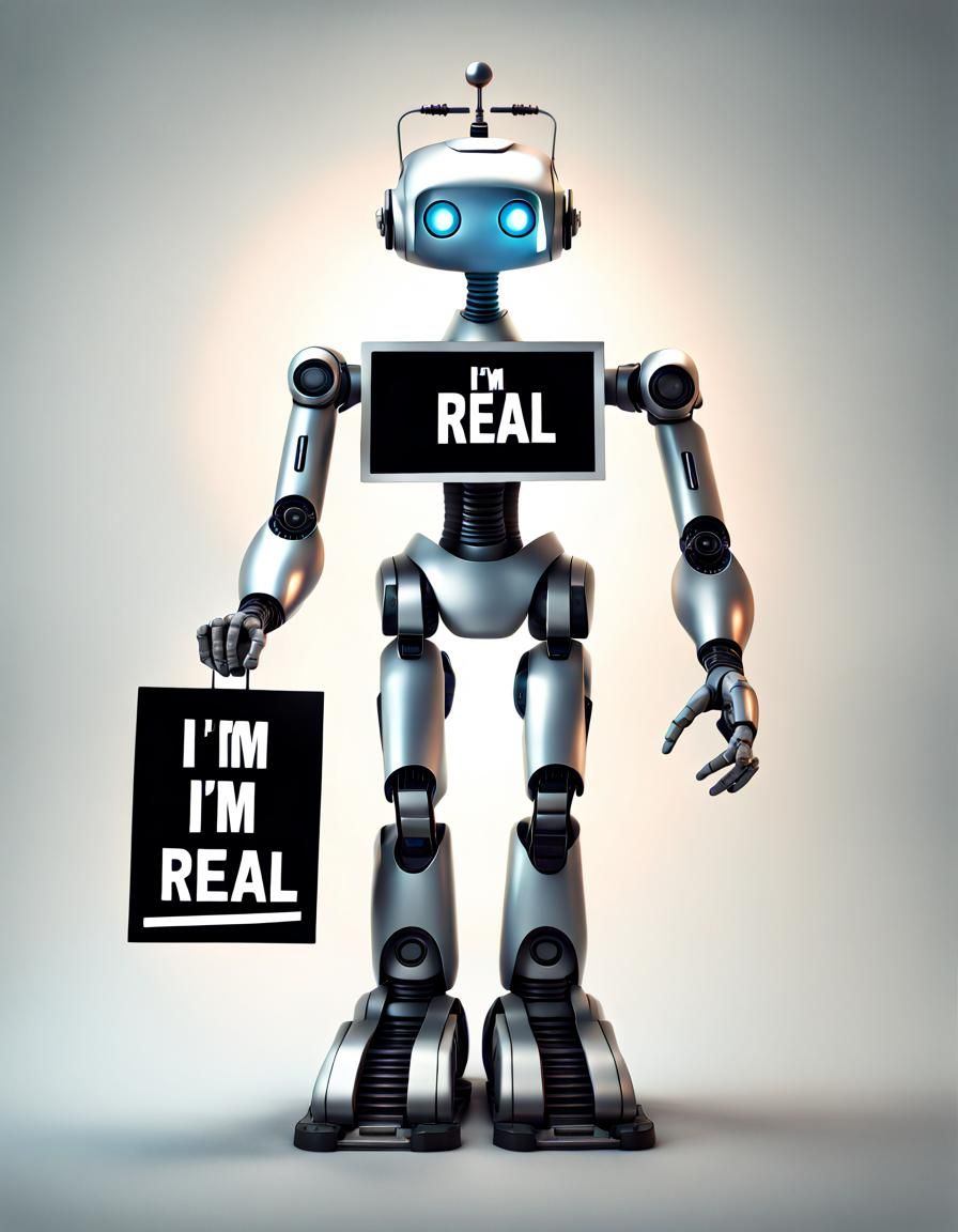 Photorealistic Robot Holds 'I'm Real' Sign