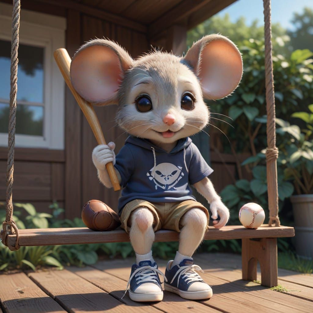 Chibi Mouse Baseball Enthusiast on Porch Swing