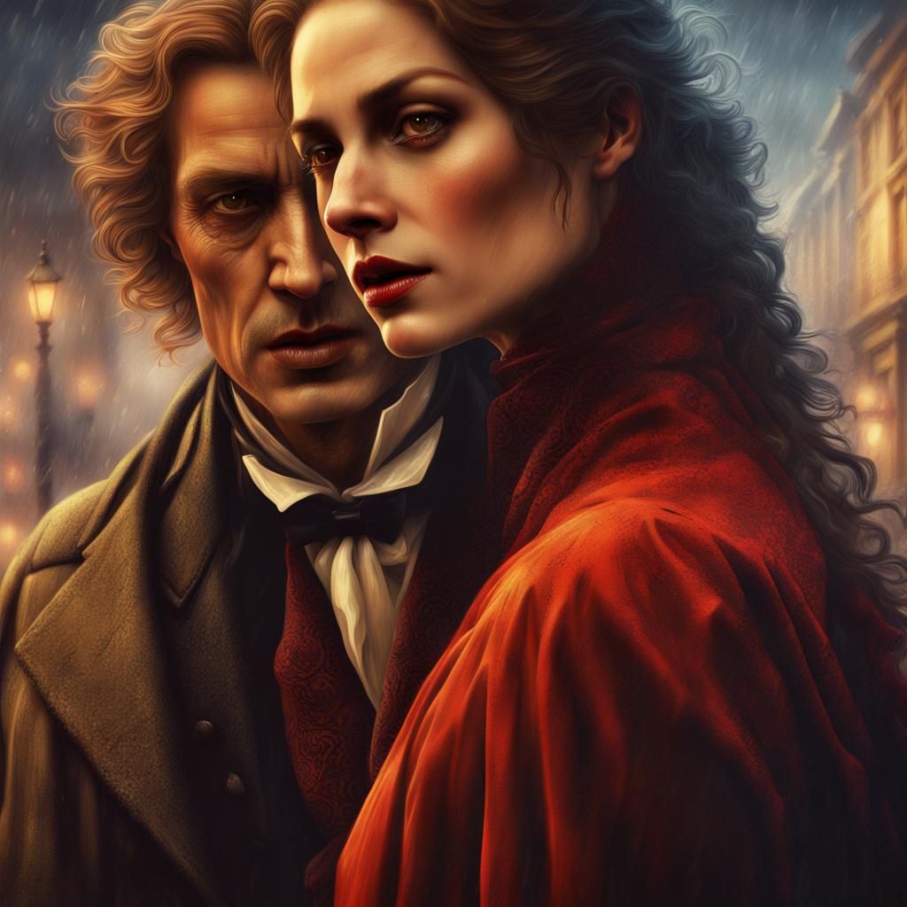 Victorian Vampire Stalks London Street, Hyperrealistic Art