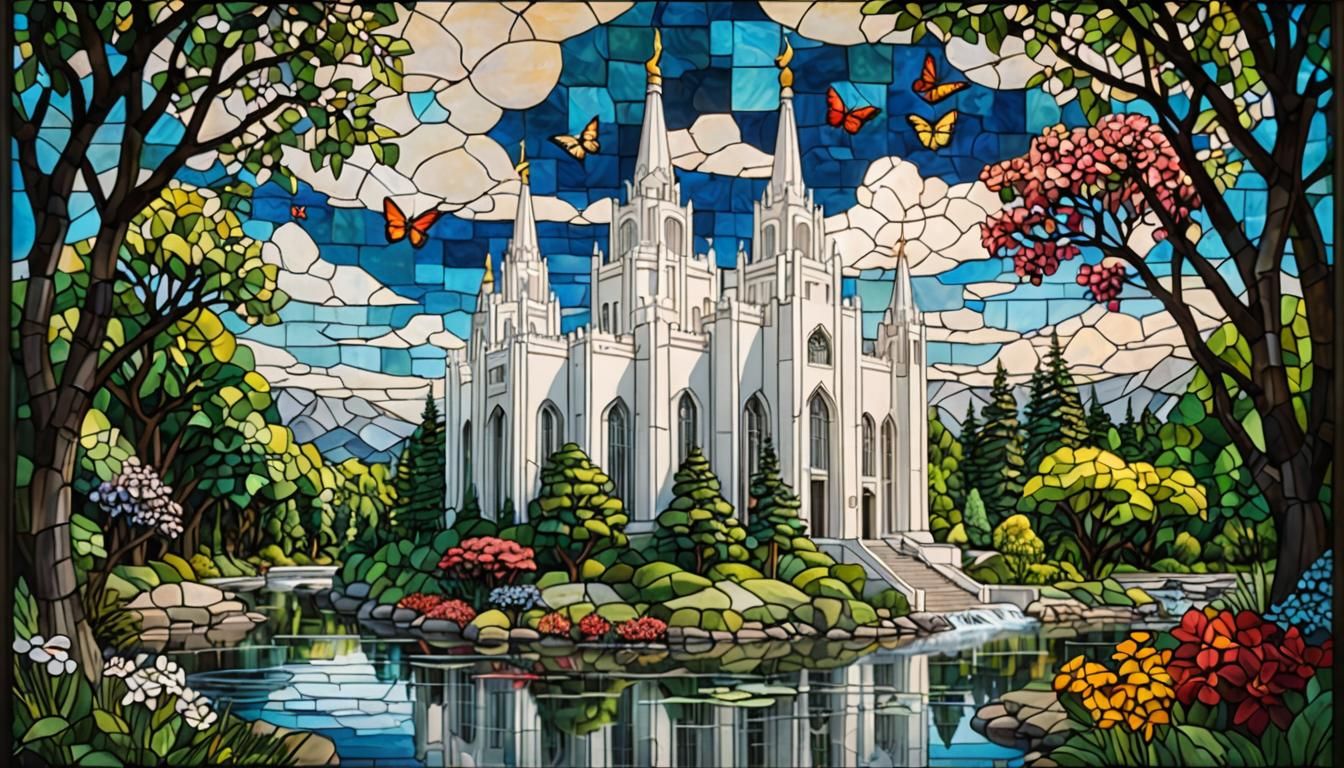Stained Glass LDS Temple with River and Nature