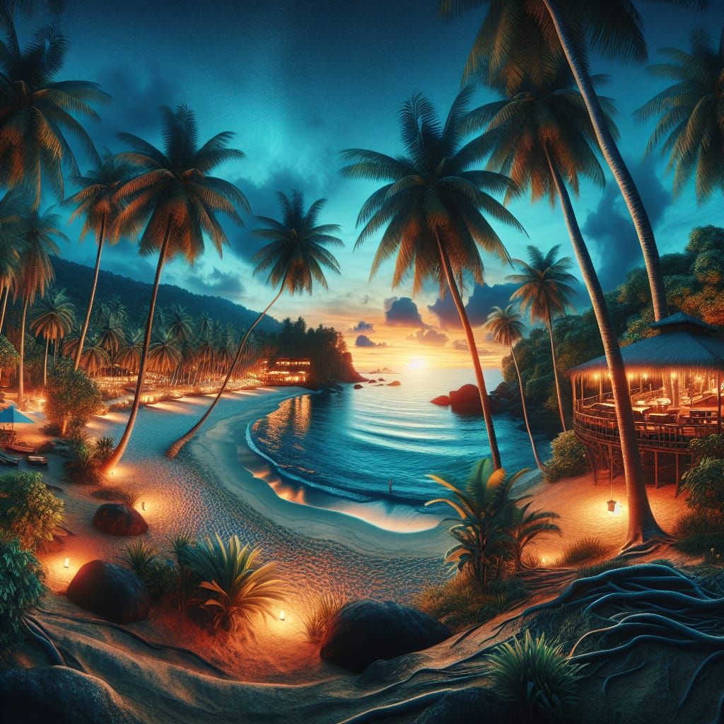 A beautiful wide-angle shot of a tropical beach at sunset. P...