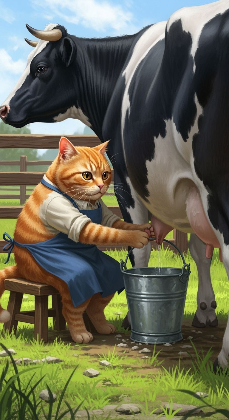 Orange Cat Milking Cow on Farm, Digital Art