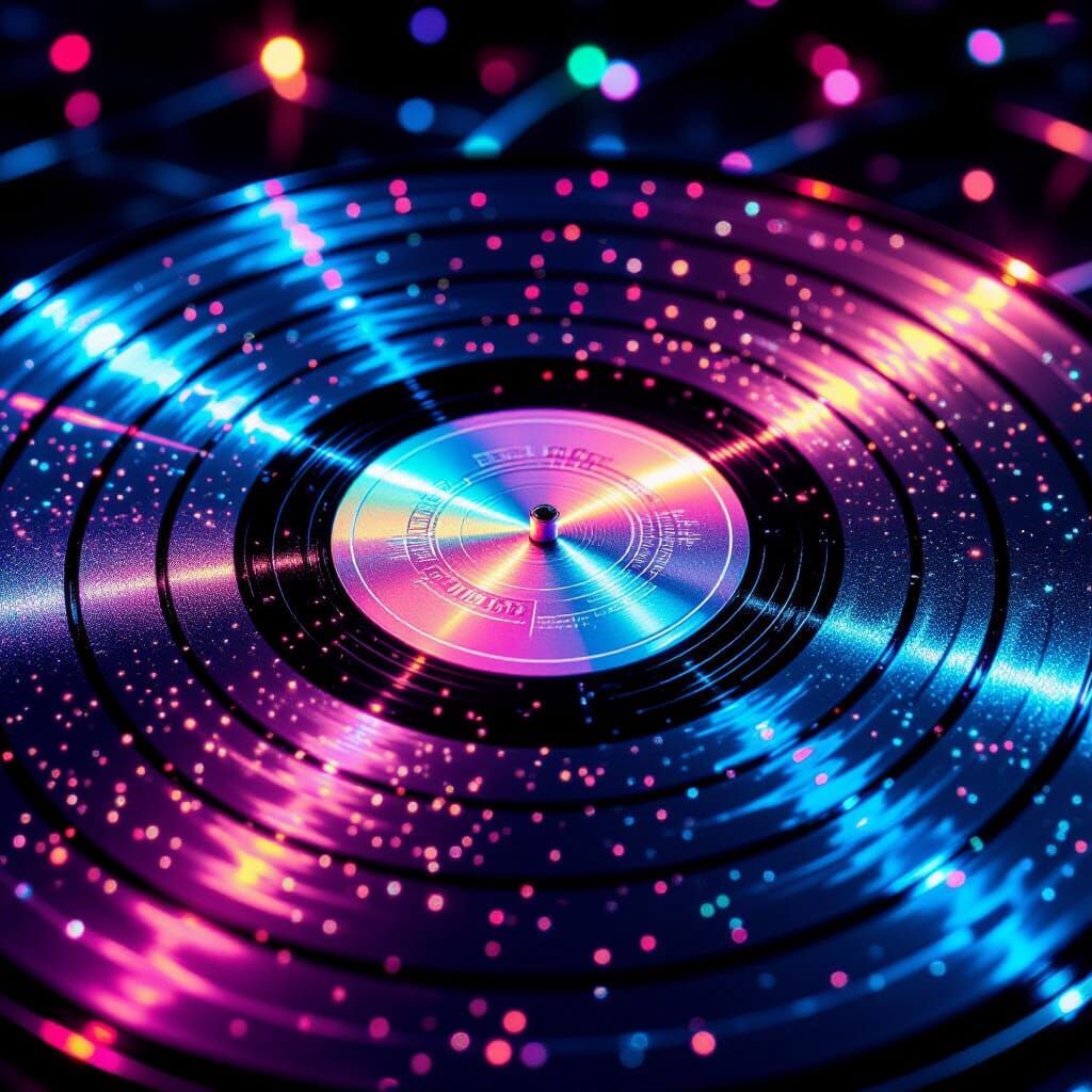 Macro Shot of Iridescent Vinyl Record Grooves