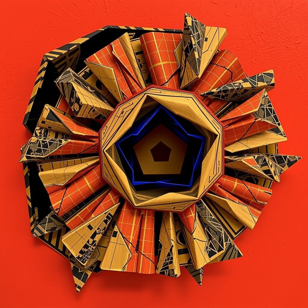 Op Art Geometric Abstraction with Vibrant Red and Blue Shape...