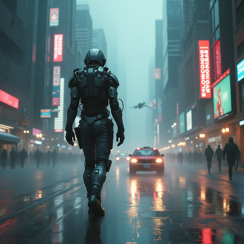 Cyberpunk Cityscape with Lone Figure in Exosuit