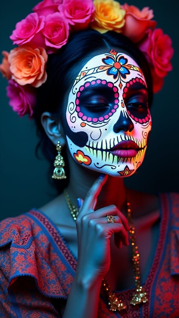 Neon Sugar Skull: Cyberpunk Mexican Folk Art