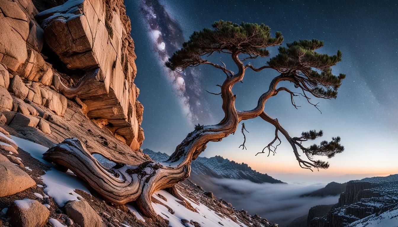 Resilient Aleppo Pine on Rocky Cliff at Dusk