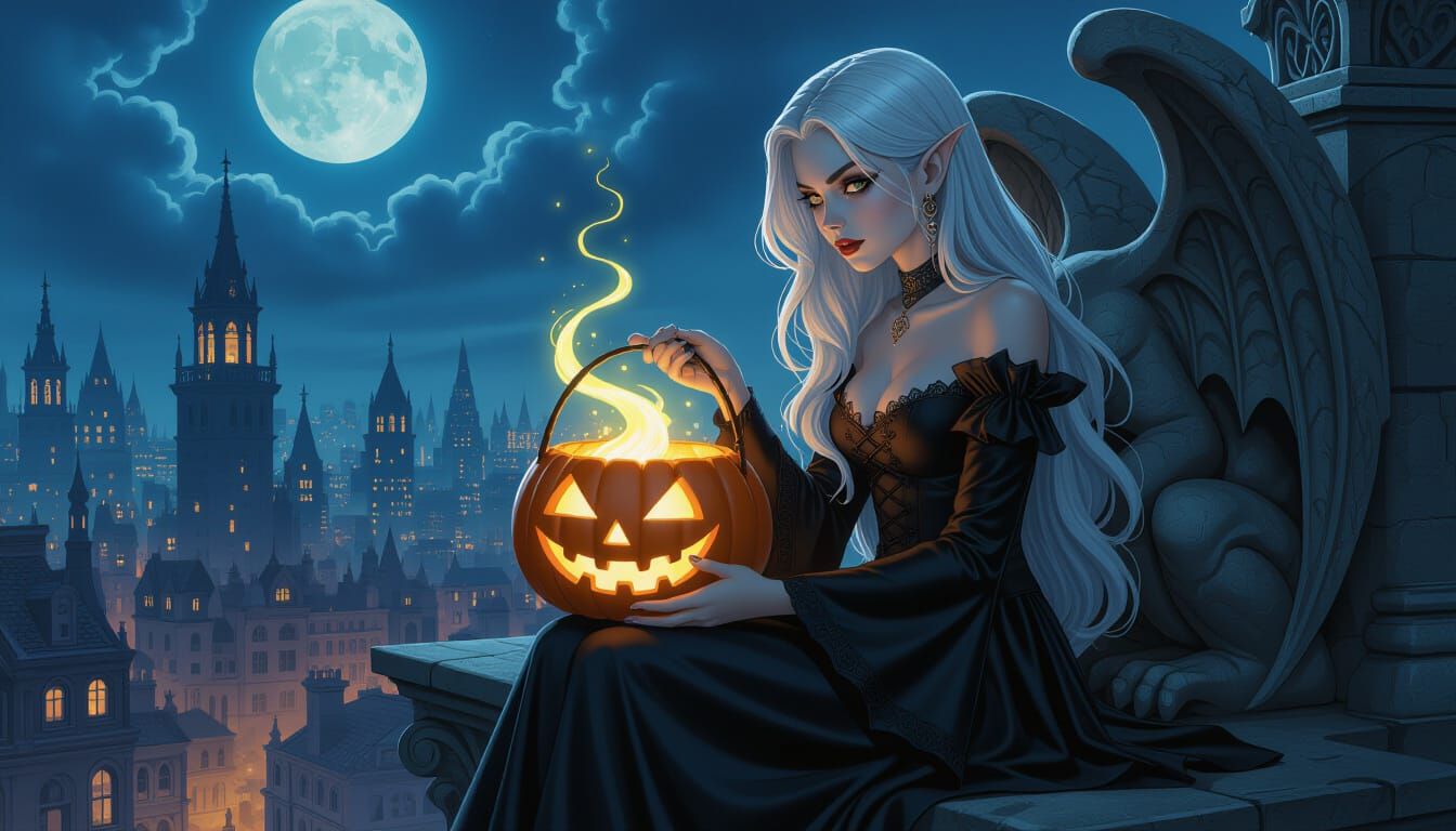 Vampire Girl on Gargoyle Over Gaslit City