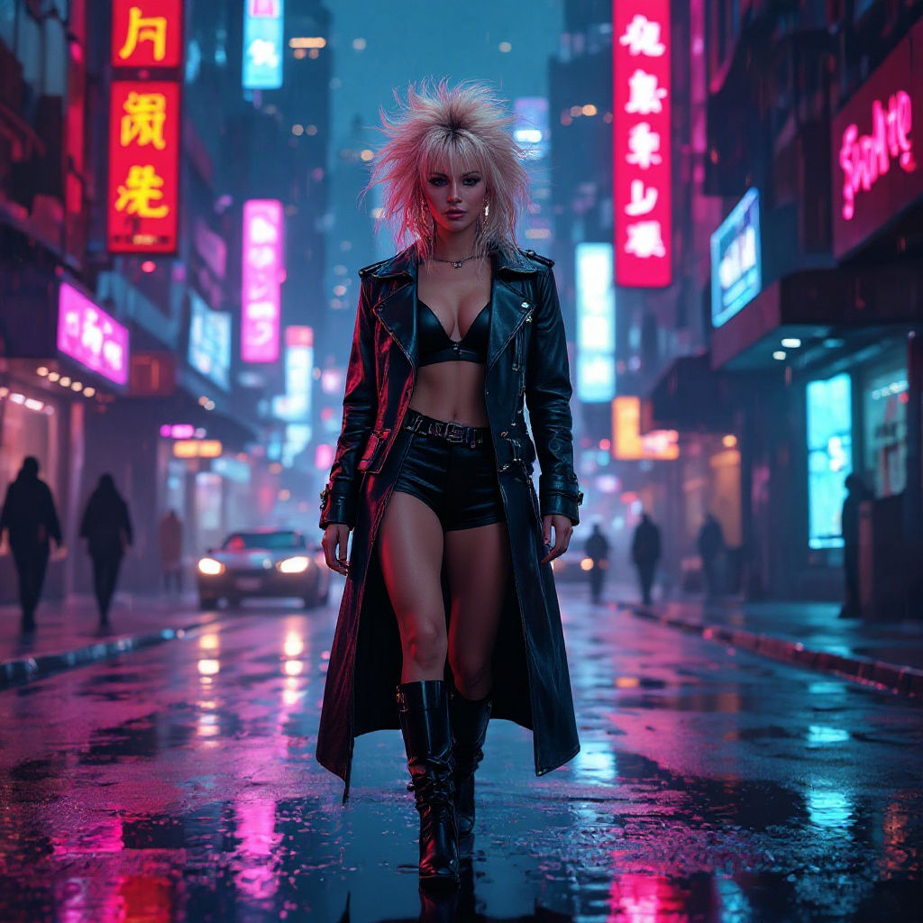 Cyberpunk Rock Star Woman in Neon Futuristic City