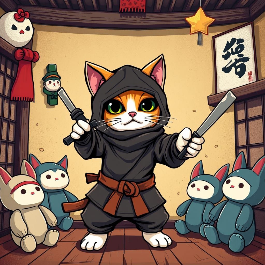 Ninja Cat Dojo Adventure in Pop Surrealist Style