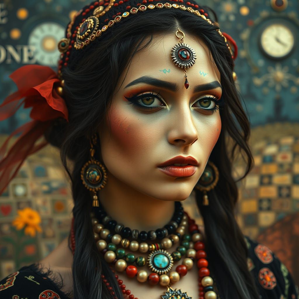 Gothic Gypsy Beauty in Vibrant Kandinsky Scene