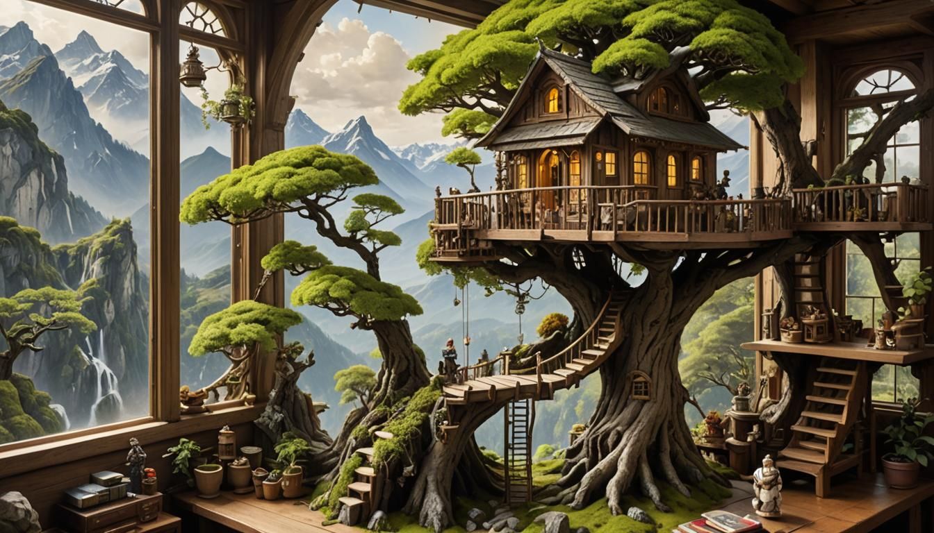Miniature Treehouse with Bonsai, Fantasy Illustration