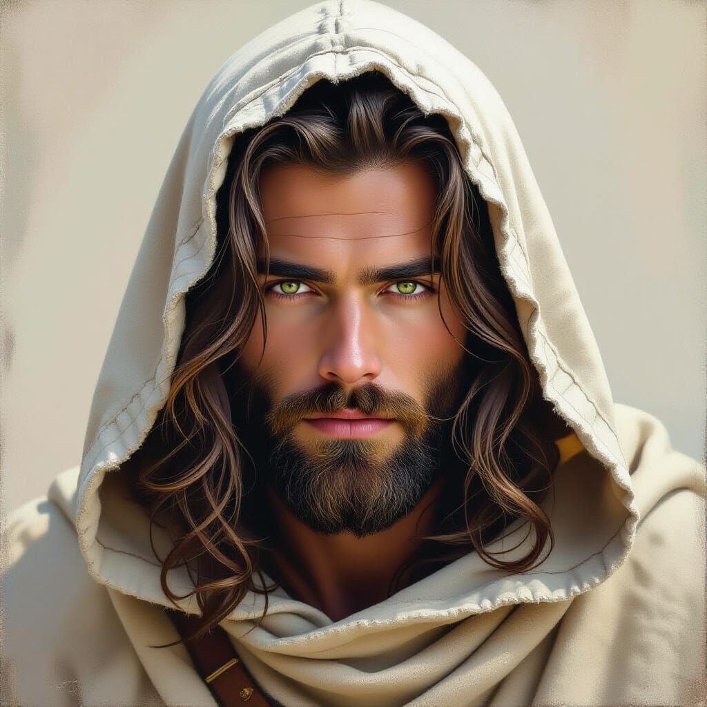 Hooded Man with Beard: Hyperrealistic Oil Painting Portrait