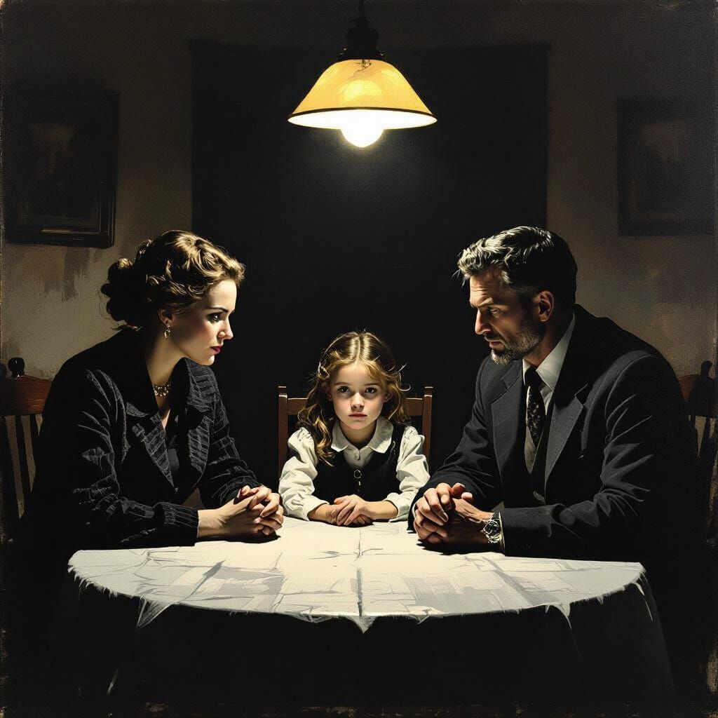 Tense Family Scene with Dramatic Baroque Lighting