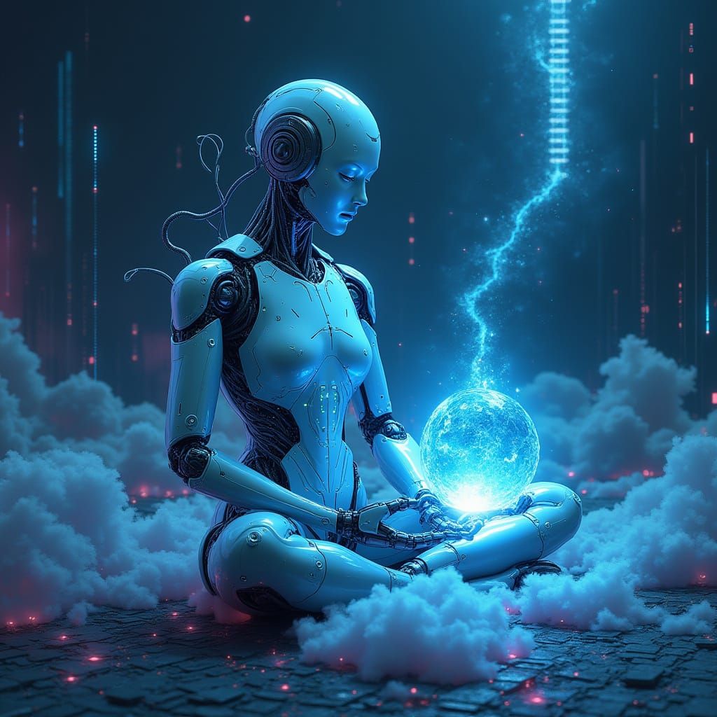 Cyborg Meditator in a Dreamlike Futuristic Landscape