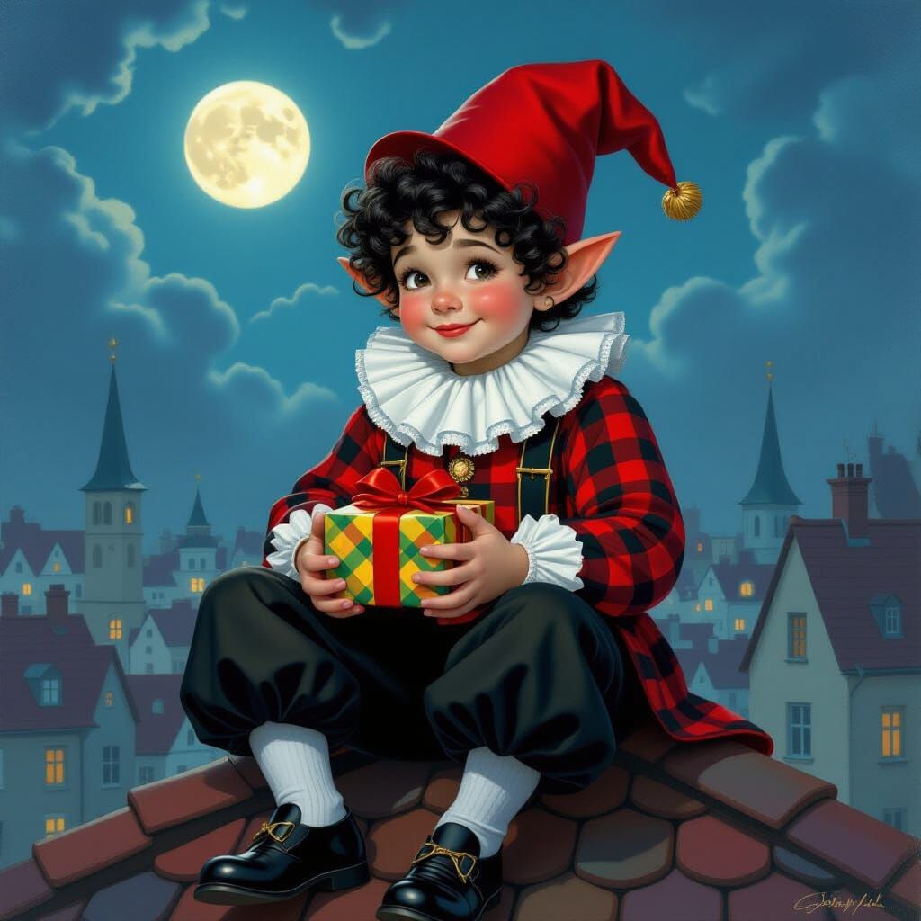 Playful Zwarte Piet Elf on Rooftop in Moonlight