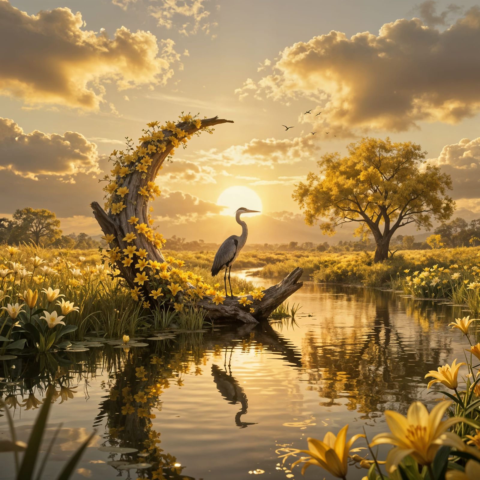 Golden Hour River Landscape with Heron