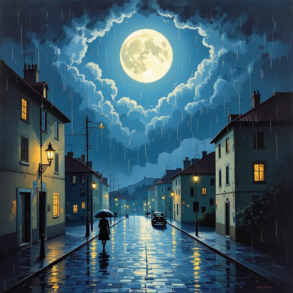 Surrealist Rainy Night Painting with Dramatic Moonlight