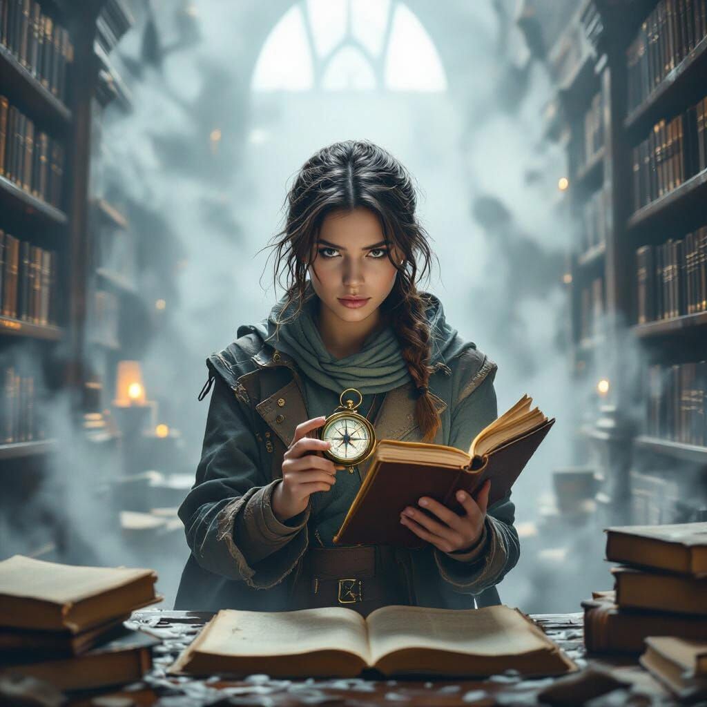 Young Adventurer with Compass in Foggy Library