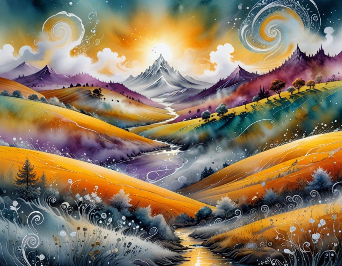 (land scape:1.2), Natasha Wescoat and Willem Haenraets, nacre and diamond dominant, with lignes of flowing metallic liqu...