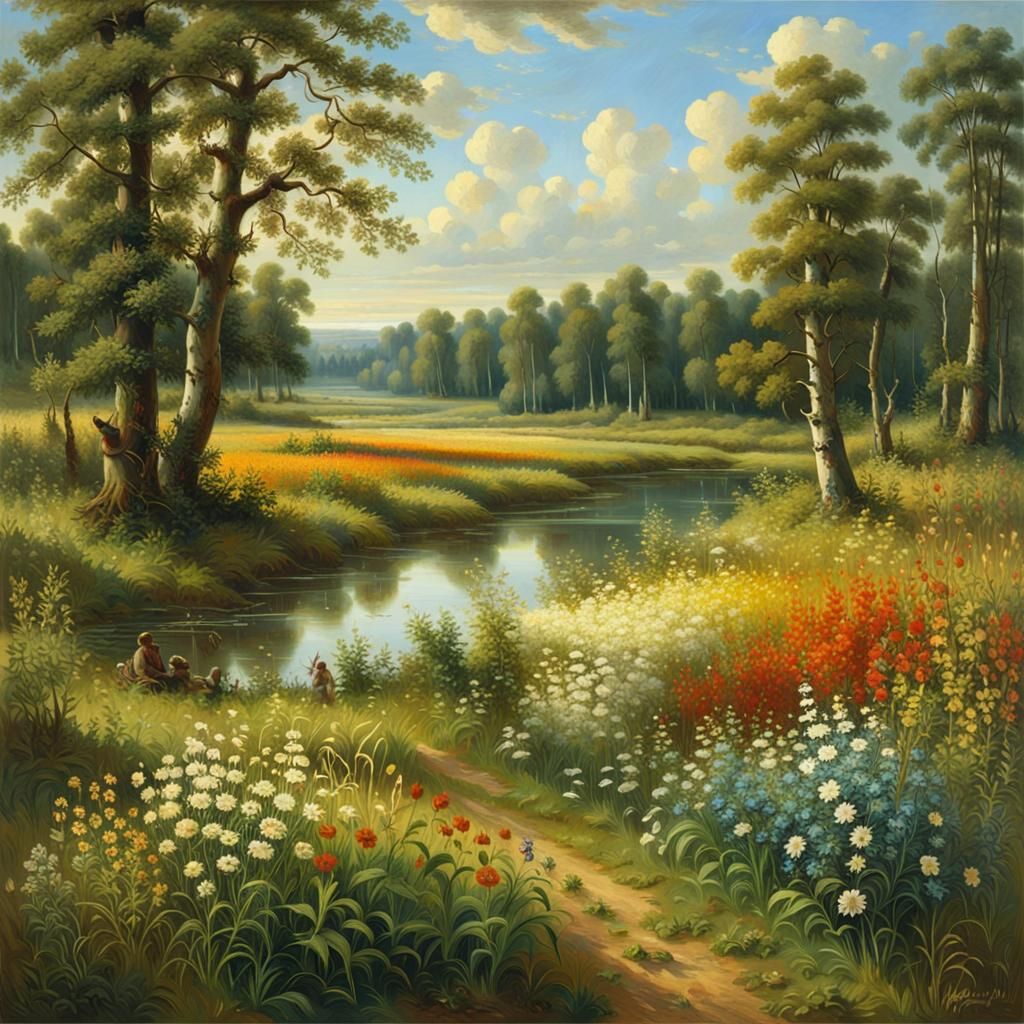 Lush Grassland Painting in Oil Paint Style