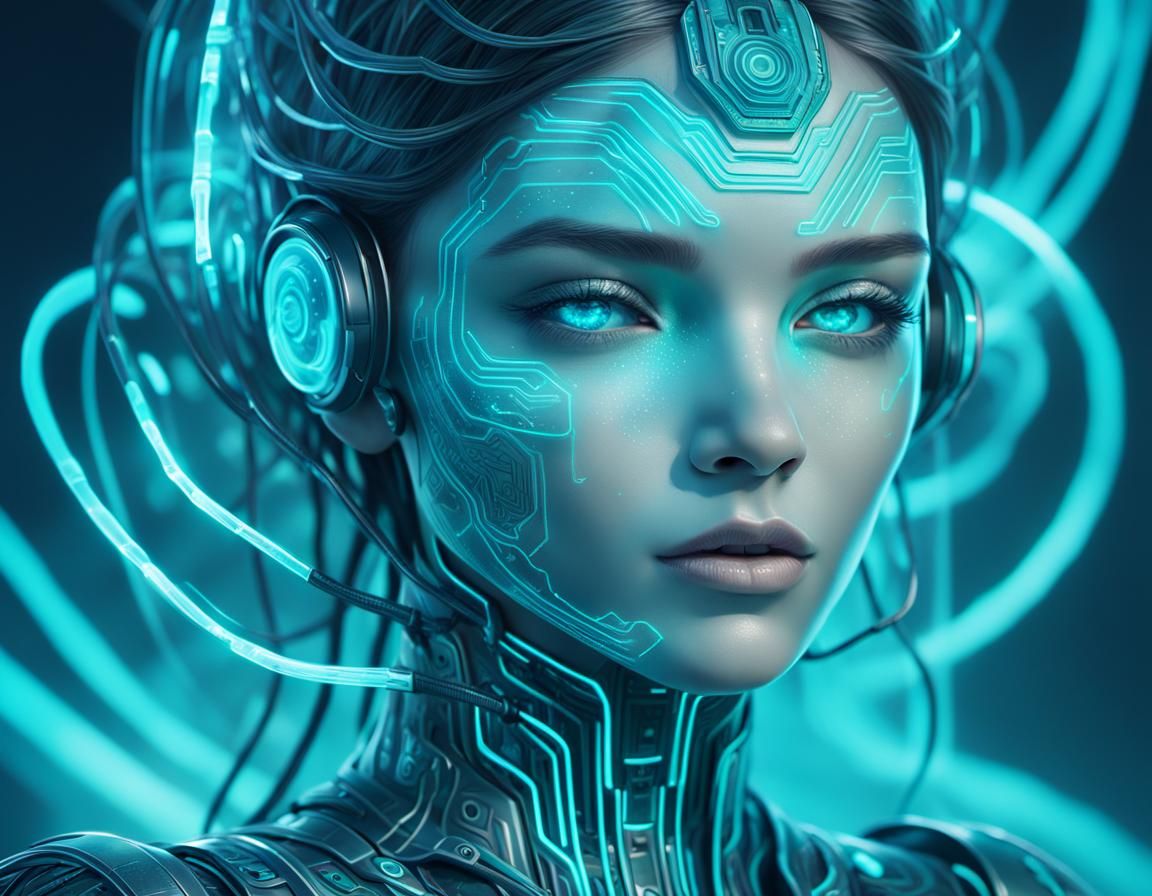 Turquoise Android Portrait in Cyberpunk Neon Noir