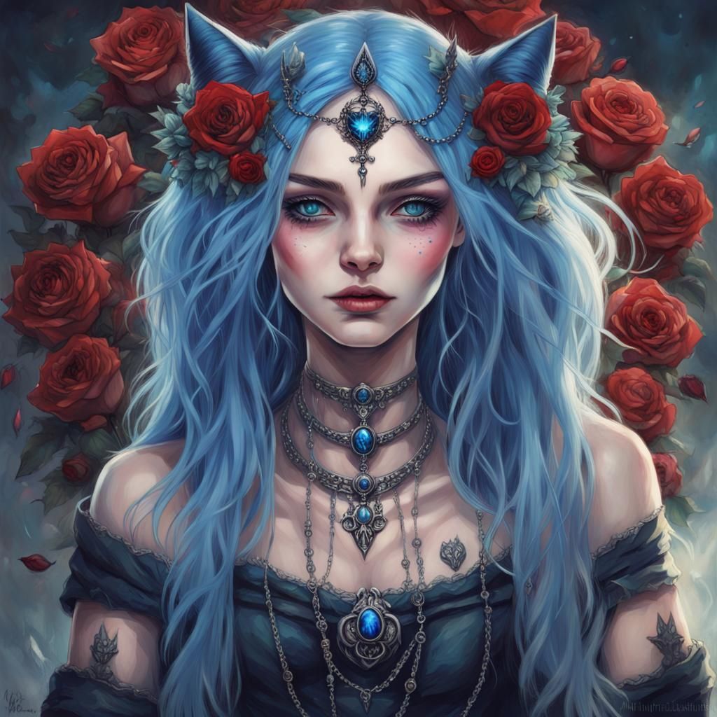 Gothic Cat Girl with Rose Crown, Watercolor Style