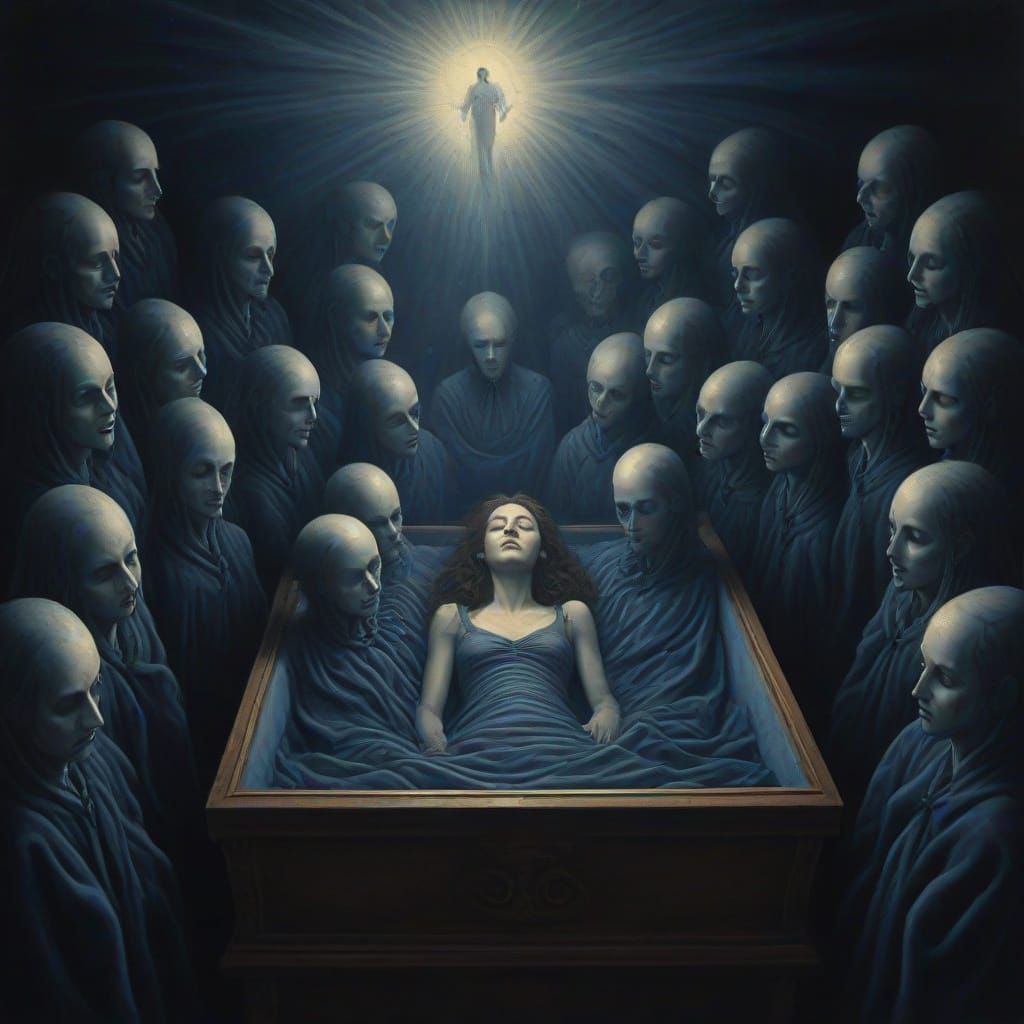 Surrealist Painting of Woman in Casket with Mourners