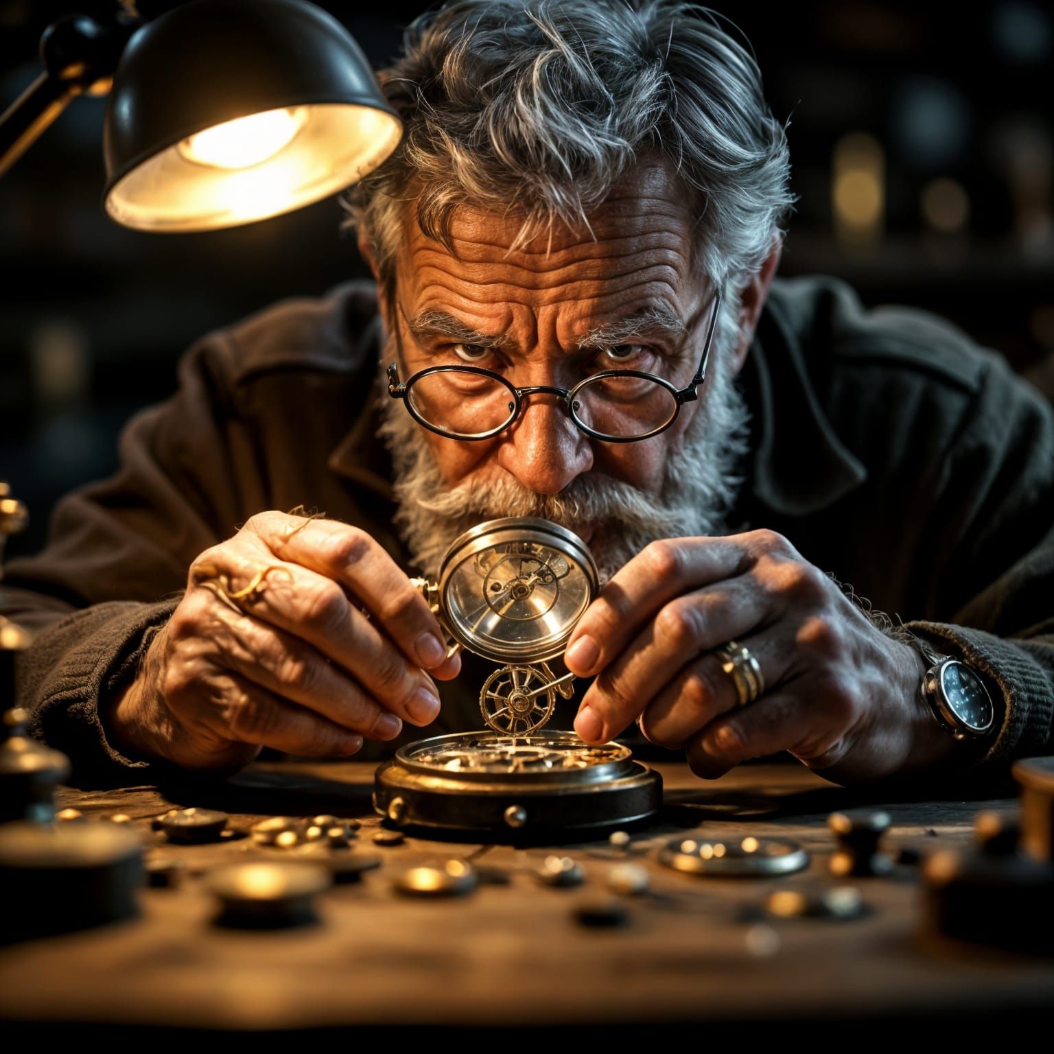 Elderly Clockmaker Repairing Pocket Watch in Dramatic Light