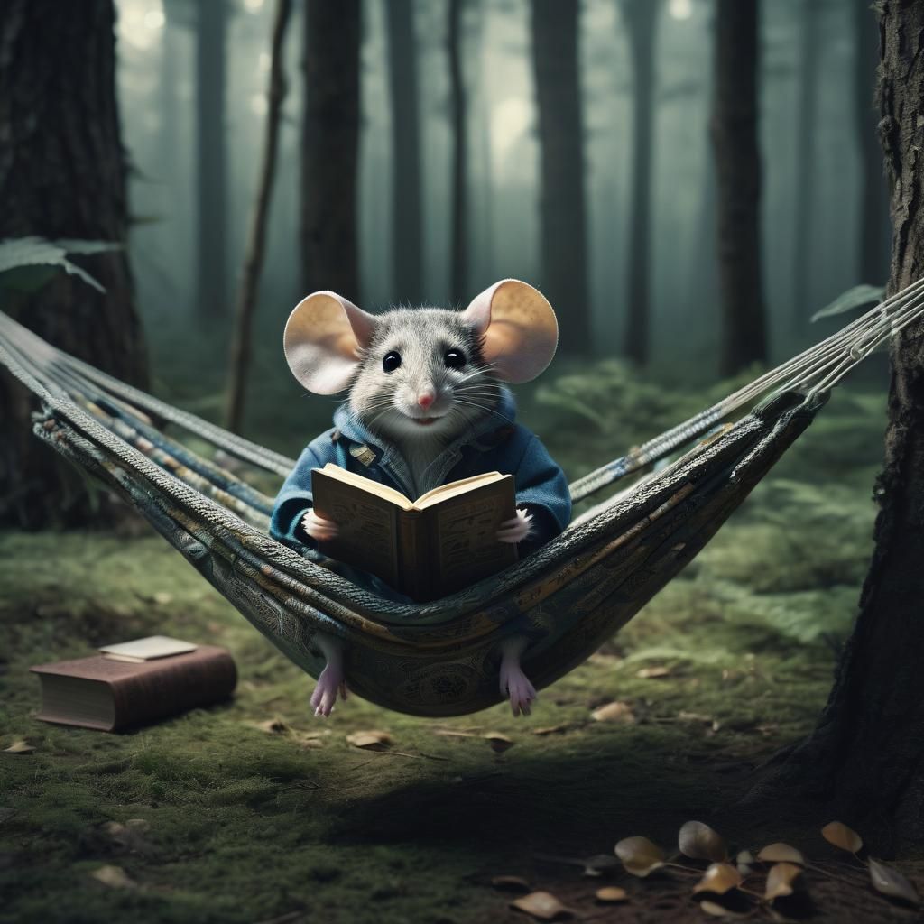 Mouse in Hammock Reads Book: Cinematic Film Still