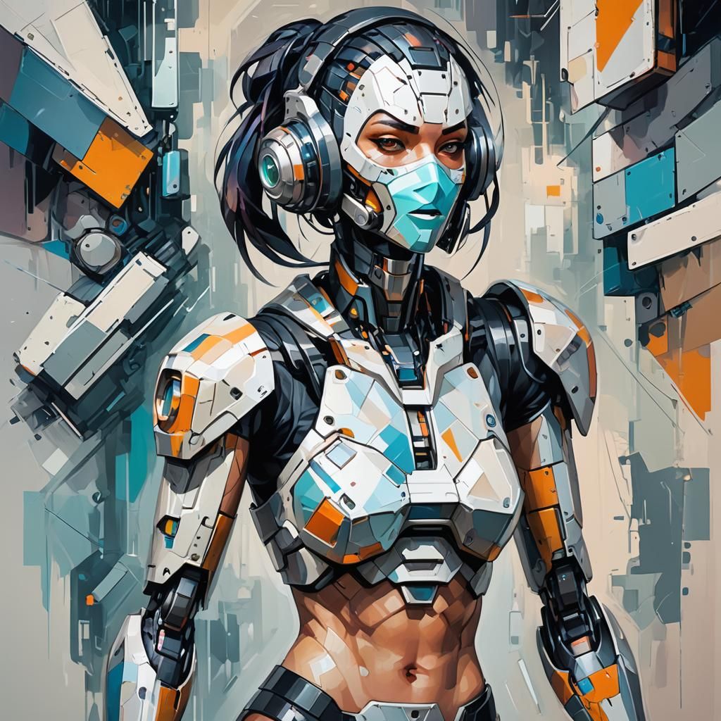 Cyberpunk Robot with Human Mask in Cubist Style