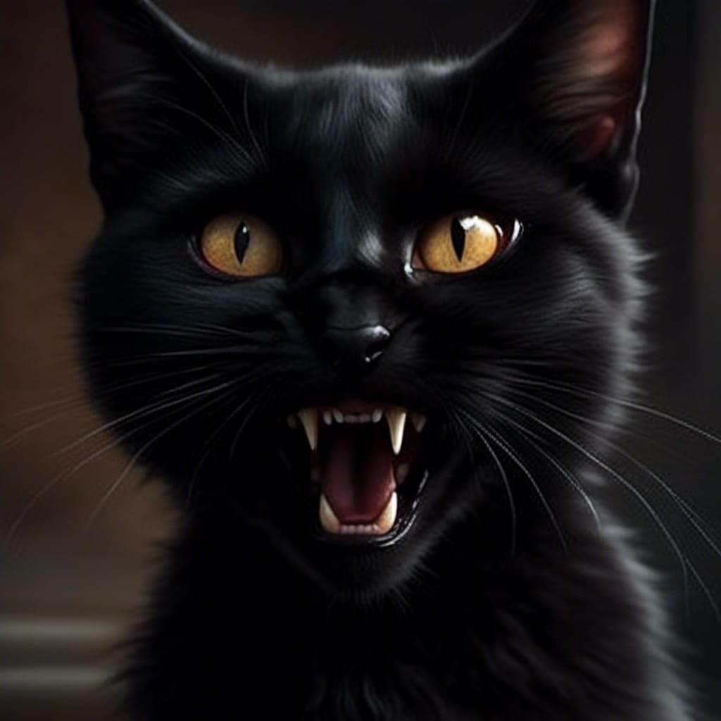 Furious Black Cat Hissing, Hyperrealistic Detail