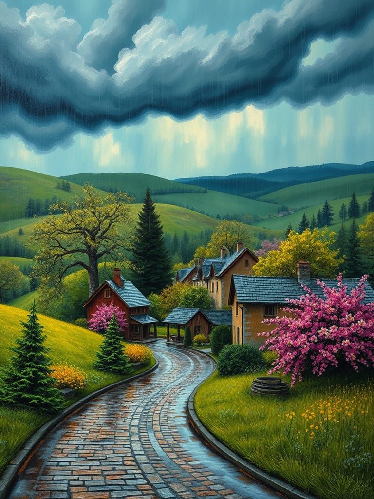 Ethereal Village Stormscape in Post-Impressionist Style