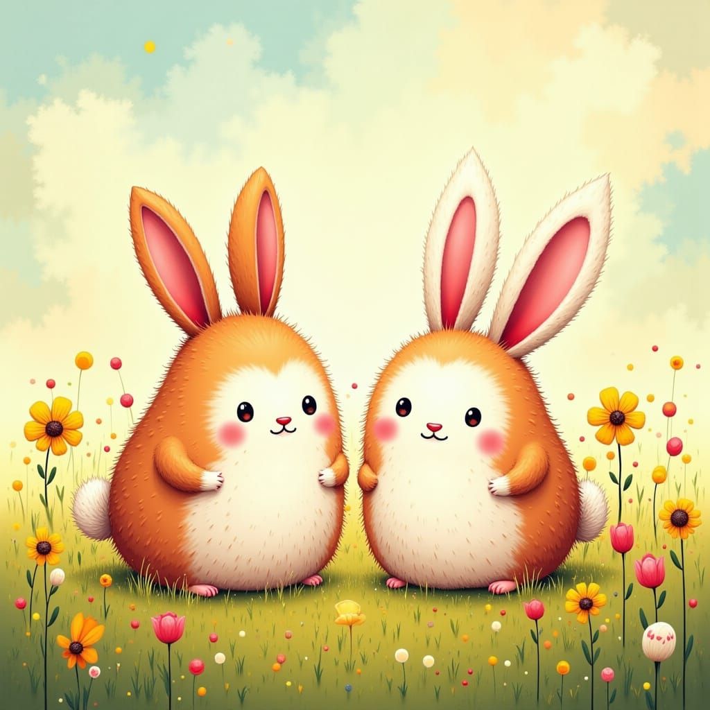 Chibi Bunnies and Squirrels Play in a Vibrant Spring Meadow