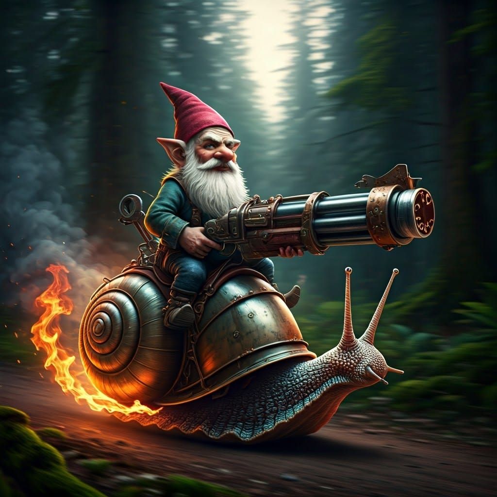 A powerful, terrifying gnome armed with a huge, powerful water pistol rides a steampunk snail through the forest. GO GO ...