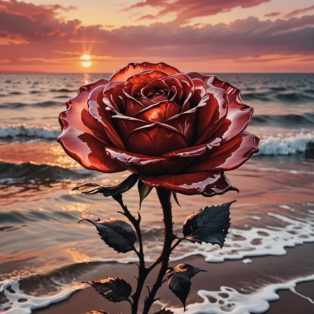 Gigantic Glass Rose at Sunset: Modern Ink Painting