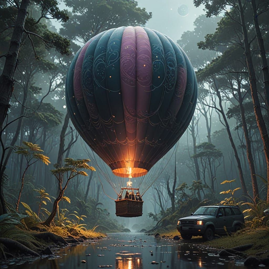 Ethereal Hot Air Balloon Soars Above Vibrant Jungle in Majes...