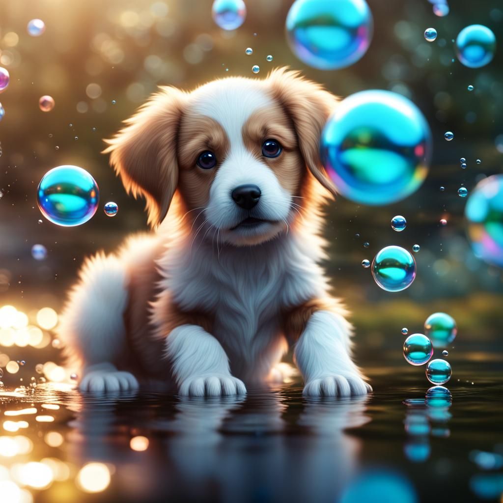 Puppy's Playtime: Bright Bubbles and Reflections