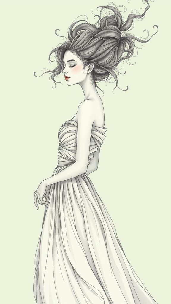 Ethereal Woman in Flowing Gown: Pencil Drawing