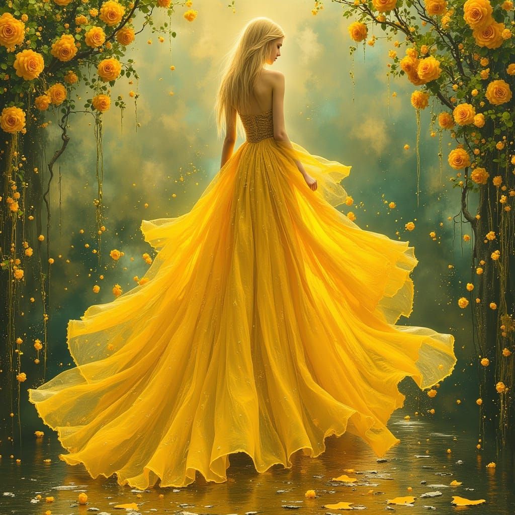 Woman in Whimsical Yellow Rose Garden