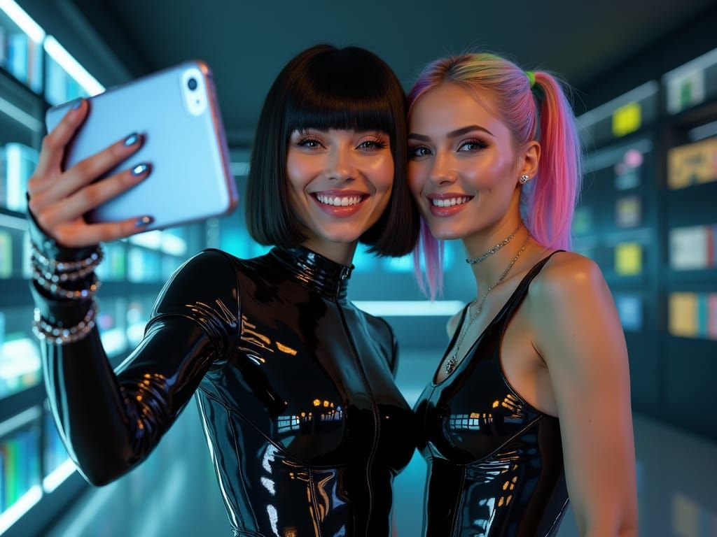 Ultra-Realistic Photo: Confident Woman in Latex with Futuris...