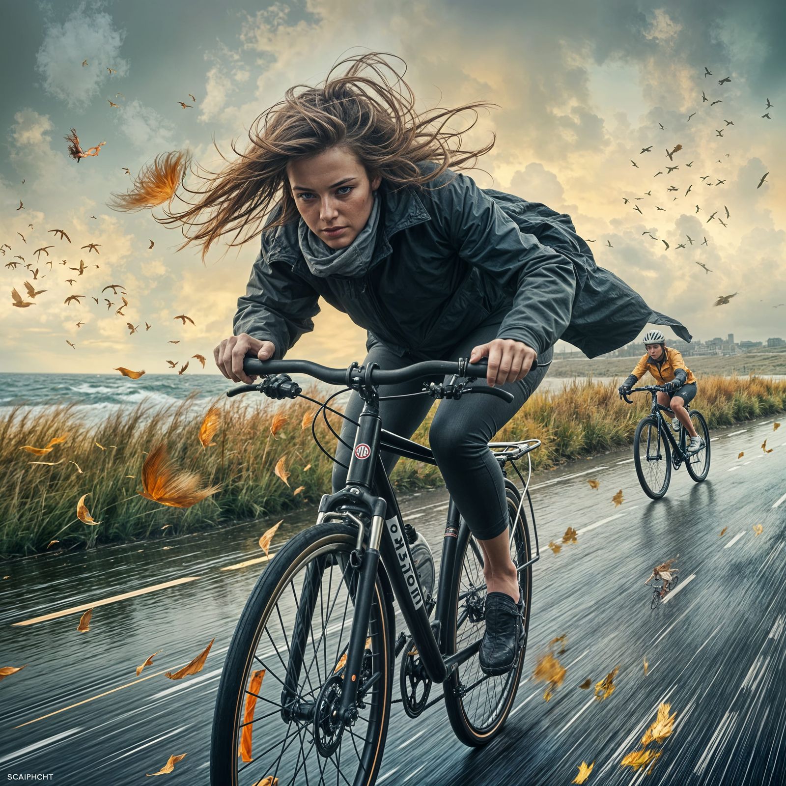 Woman Cycling Against Storm Winds in Zeeland