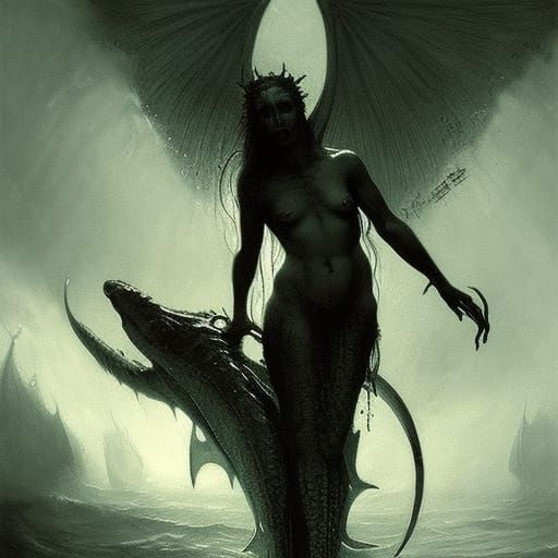 Demon Mermaid Horror in Doré-Rutkowski Style
