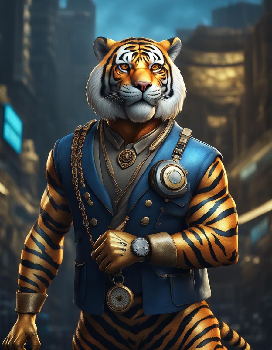Personification of a tiger, senior IT specialist, holding smart phone. Rendered in hyperreal 3D, the tiger technician st...
