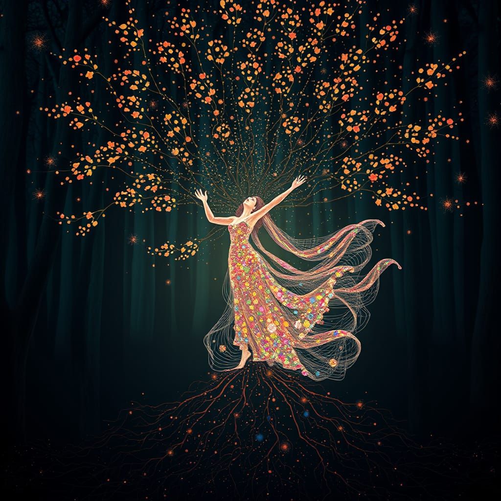 Iridescent Woman Blossoms from Forest, Art Nouveau Style