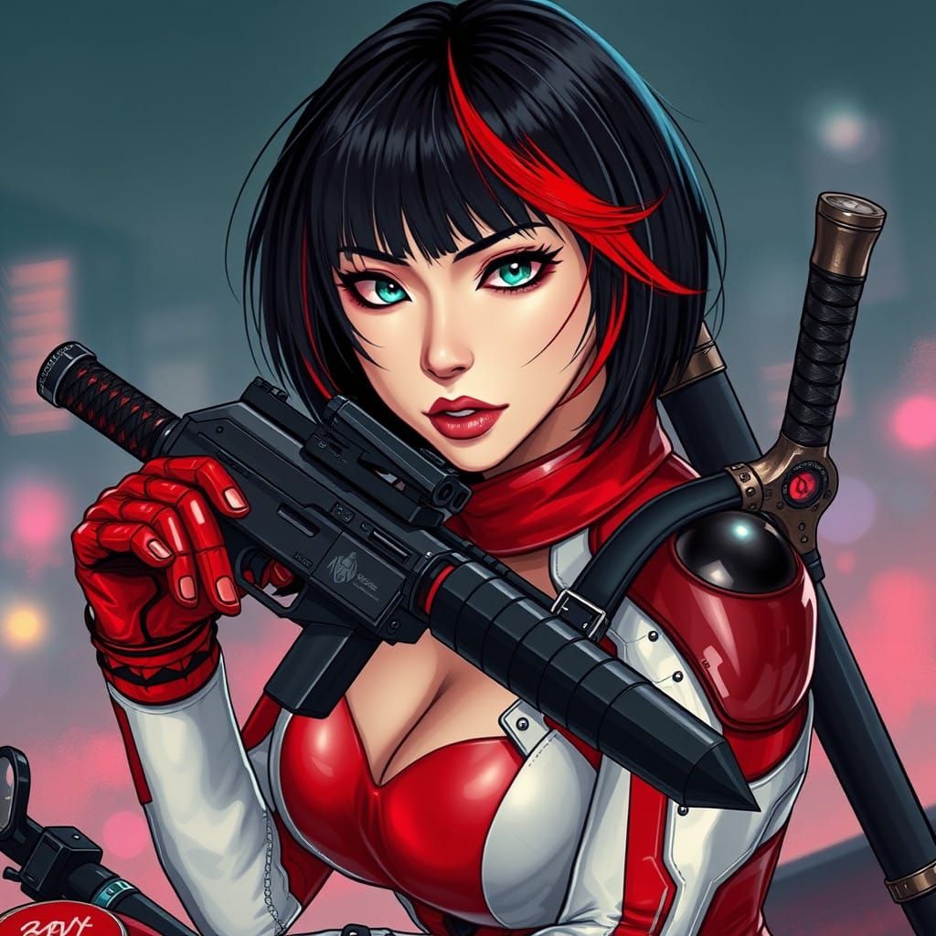 Cyborg Warrior in Neon Cyberpunk Motorcycle Gear