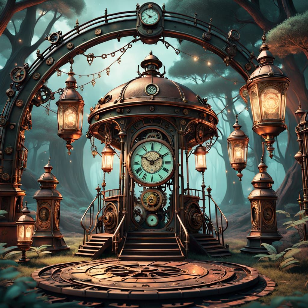 Steampunk Campsite in Moonlit Forest with Clockwork Machiner...