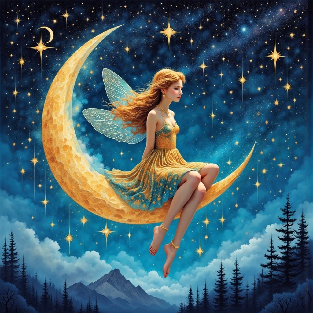 Enigmatic Fairy Girl on Luminous Moon as Digital Art