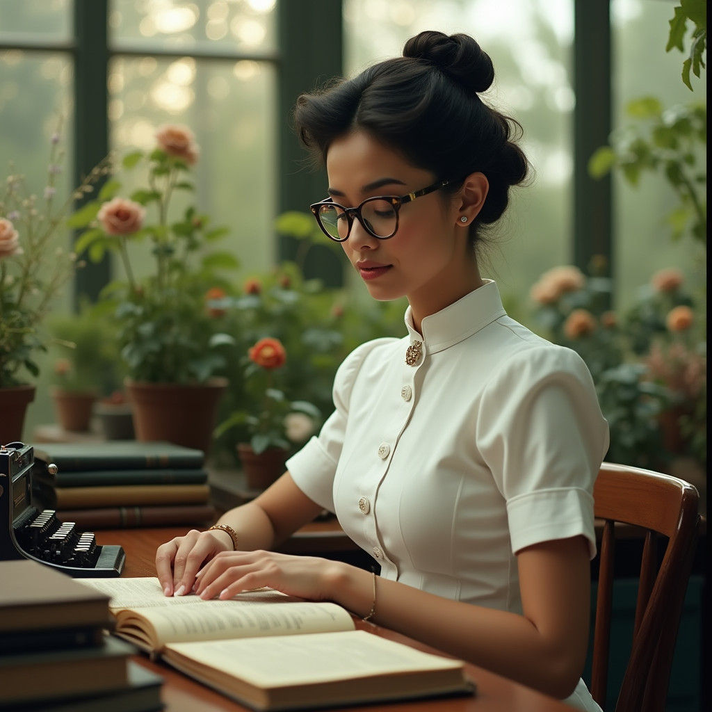 Vintage Latina Nurse Reading in Rose Garden